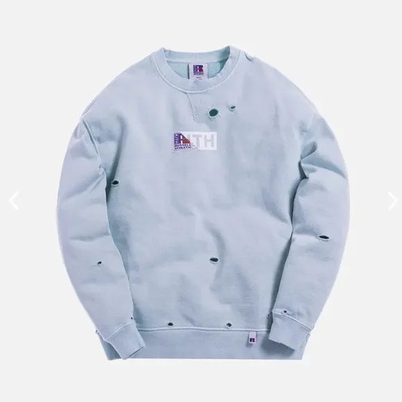 KITH X RUSSEL ATHLETIC Light Blue Distressed Men's Sweater
